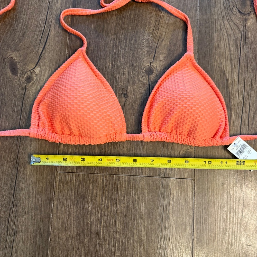 Aerie Triangle Bikini Top Womens Medium Coral Orange Textured Waffle Halter Swim - Picture 6 of 10